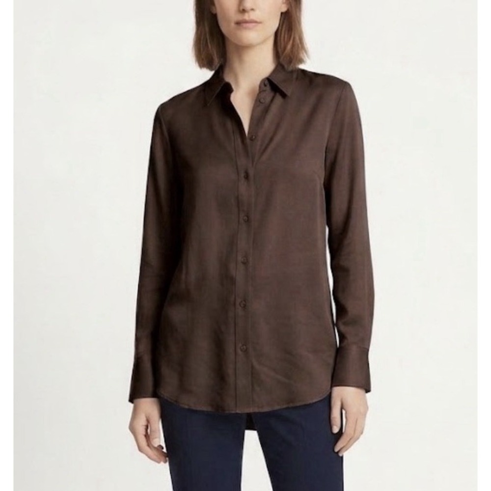 Vince Womens 100% Silk Button Front Blouse Sz Medium Brown Long Sleeve